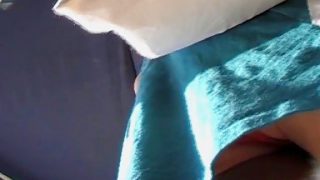 Girl Upskirt Red panty up blue skirt