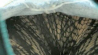 Hose Up Skirt Wearing black fishnet hose up denim skirt